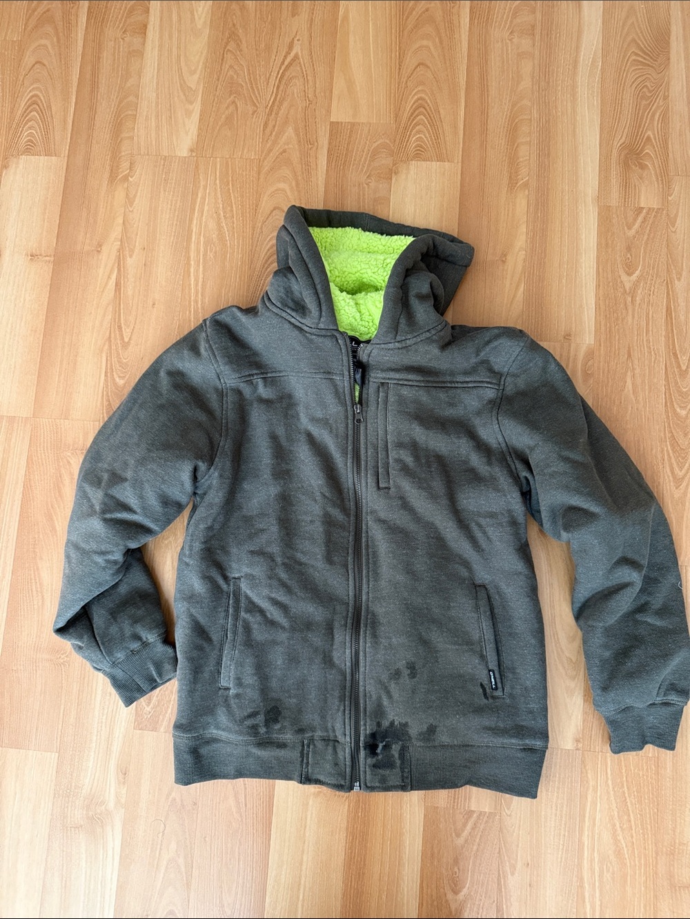 Kids Hooded Puffer Jacket in Charcoal with Lime Sherpa Lining